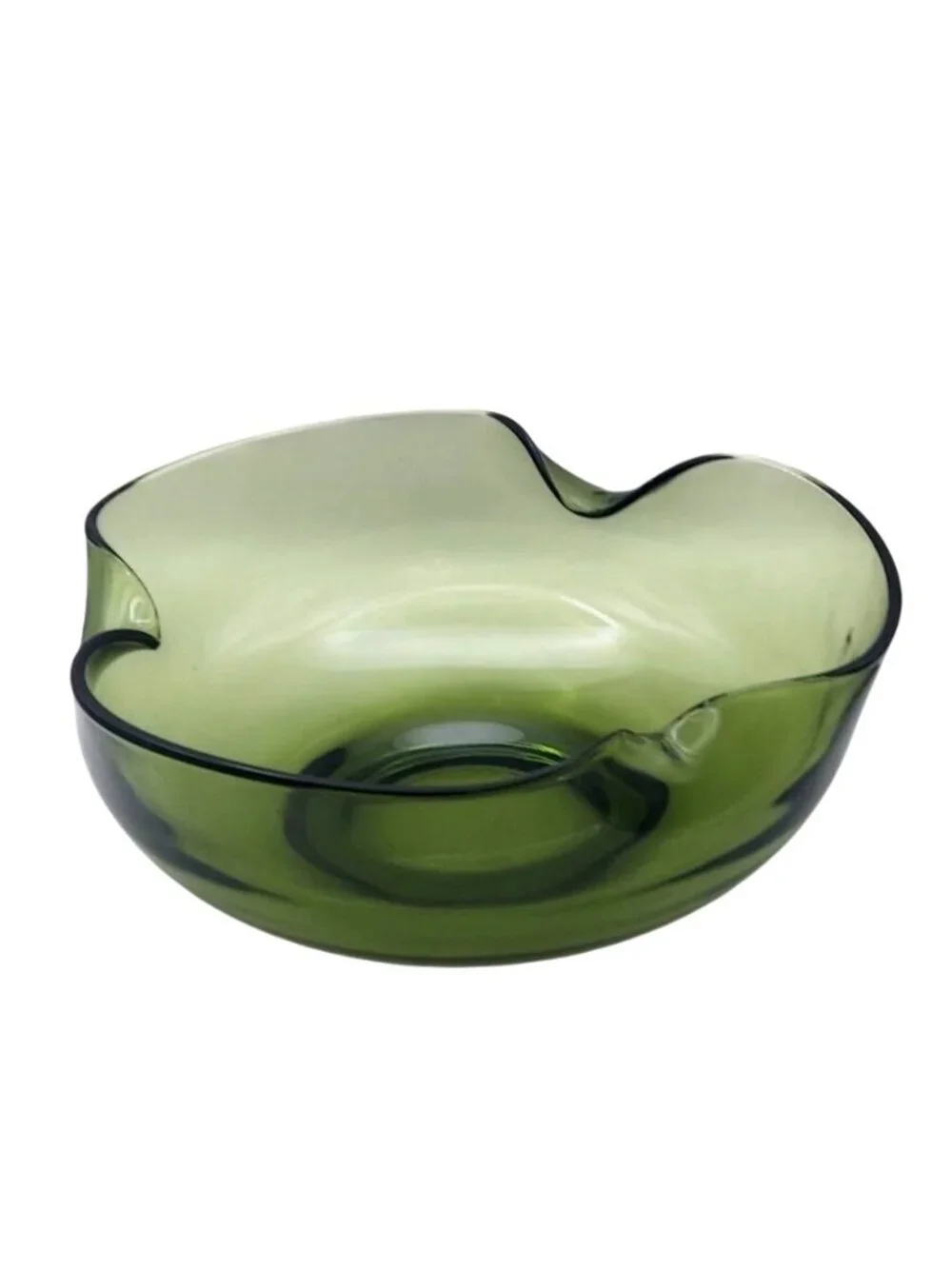 Anchor Hocking Avocado Green Pinched Glass Chip Popcorn Serving Bowl Vintage MCM
